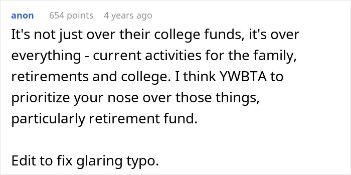 Comment discussing choosing nose job over kids college funds, prioritizing personal expenses over family savings. Comment discussing choosing nose job over kids college funds, prioritizing personal expenses over family savings.