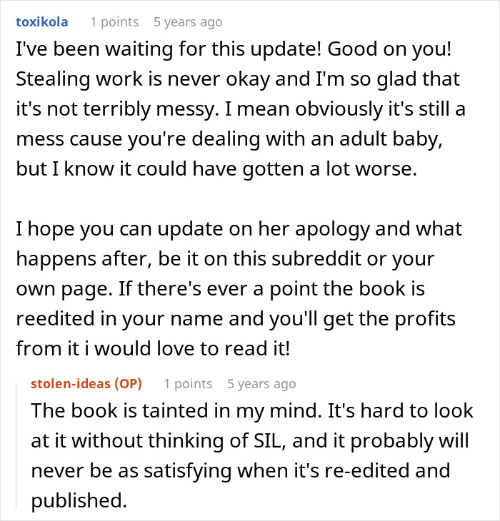 Screenshot of an online discussion about a woman stealing her SIL’s book and losing the profits after publishing it.