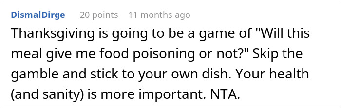 Comment discussing concerns about hazardous cooking causing food poisoning risks for a pregnant woman during Thanksgiving. Comment discussing concerns about hazardous cooking causing food poisoning risks for a pregnant woman during Thanksgiving.