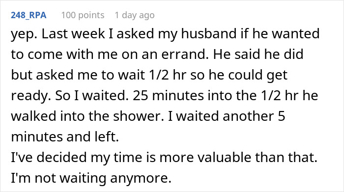 Text message conversation showing a woman deciding not to treat her husband like a kid by no longer waiting for him.