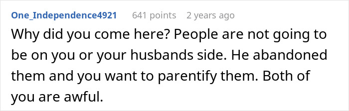 Comment text on a social media post expressing criticism about a woman asking stepchildren about home or boarding school decisions. Comment text on a social media post expressing criticism about a woman asking stepchildren about home or boarding school decisions.