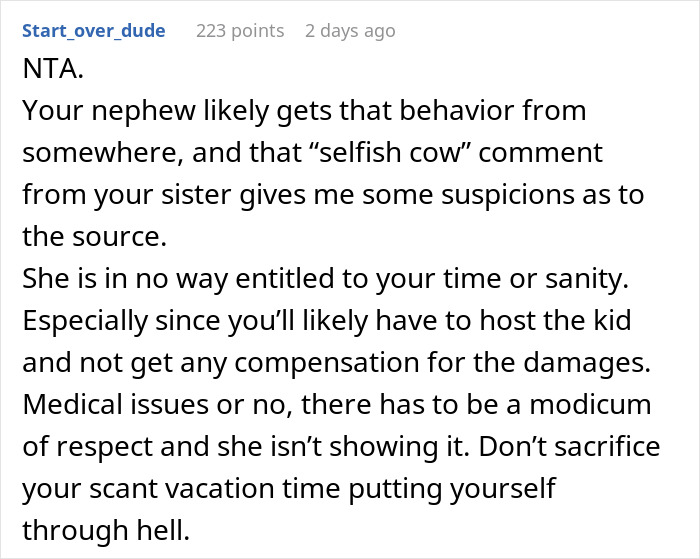 Screenshot of a discussion about a selfish sister refusing to babysit badly behaved nephew during hospital stay. Screenshot of a discussion about a selfish sister refusing to babysit badly behaved nephew during hospital stay.
