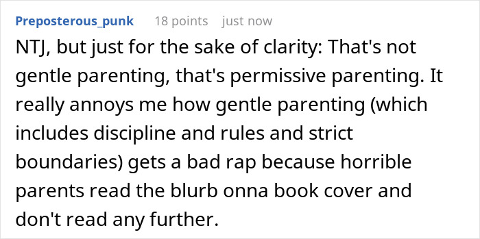 Text screenshot of a social media comment discussing the difference between gentle parenting and permissive parenting. Text screenshot of a social media comment discussing the difference between gentle parenting and permissive parenting.
