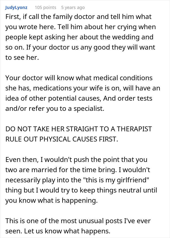 Husband bewildered as wife seems to forget they got married, showing confusion and concern in the conversation. Husband bewildered as wife seems to forget they got married, showing confusion and concern in the conversation.
