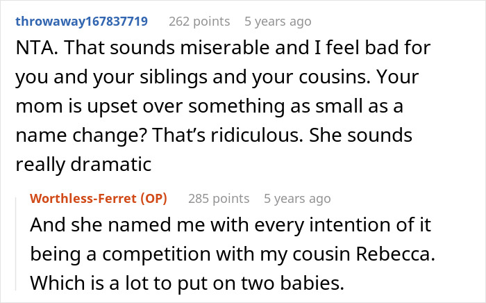 Reddit users discuss a mom throwing a fit and going no contact after daughter changes her name.