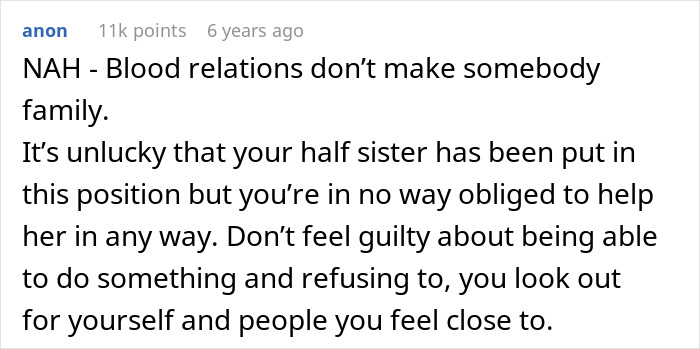 Comment discussing a woman refusing to pay for dad’s lovechild’s surgery using inheritance money, labeled heartless by dad.