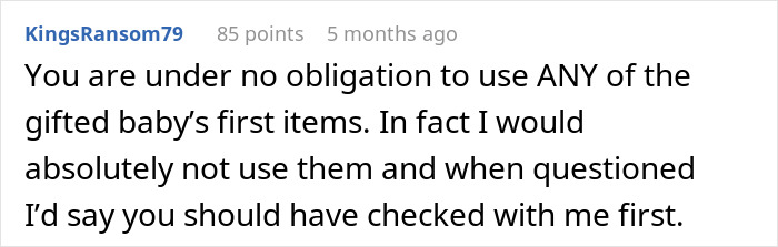Comment discussing discomfort with leaving baby alone with mom or mother-in-law and concerns about using baby’s items.