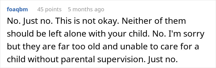 Screenshot of an online comment explaining discomfort with leaving baby alone with mom or mother-in-law due to supervision concerns.