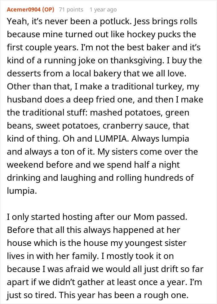Text from a Reddit thread where a woman describes hosting traditional family Thanksgiving and feeling tired. Text from a Reddit thread where a woman describes hosting traditional family Thanksgiving and feeling tired.