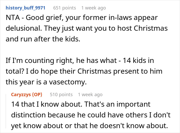 Screenshot of a Reddit conversation discussing in-laws upset over refusing to host a blended family Christmas with affair kids. Screenshot of a Reddit conversation discussing in-laws upset over refusing to host a blended family Christmas with affair kids.