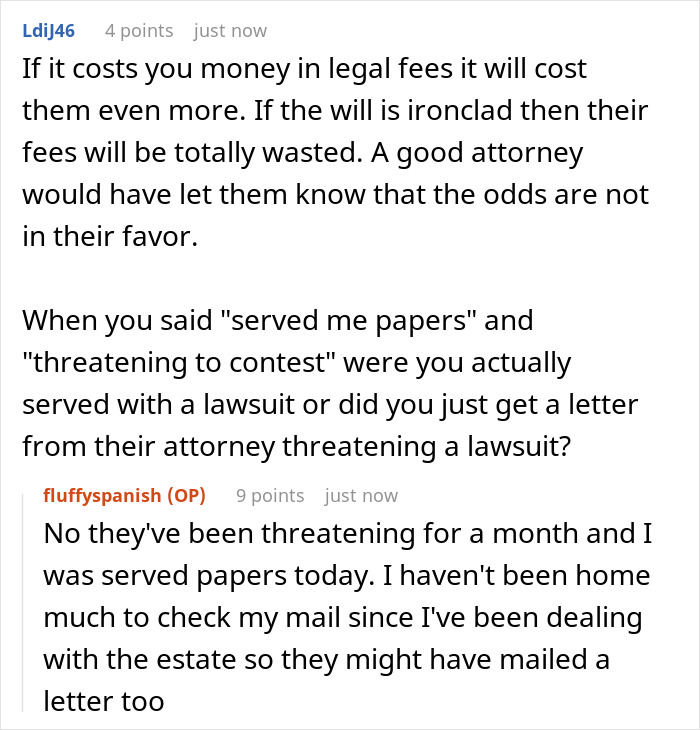 Screenshot of online discussion about entitled siblings raging after learning dad cut them from his will and legal threats over the estate. Screenshot of online discussion about entitled siblings raging after learning dad cut them from his will and legal threats over the estate.