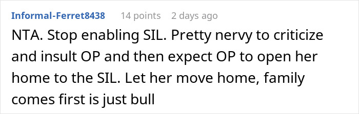 Screenshot of a forum comment discussing a woman refusing to let her homeless sister-in-law move in, mentioning family conflict. Screenshot of a forum comment discussing a woman refusing to let her homeless sister-in-law move in, mentioning family conflict.