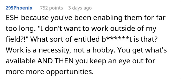 Commenter 295Phoenix with 752 points discussing work responsibility and enabling behavior in husband retirement children finances context. Commenter 295Phoenix with 752 points discussing work responsibility and enabling behavior in husband retirement children finances context.