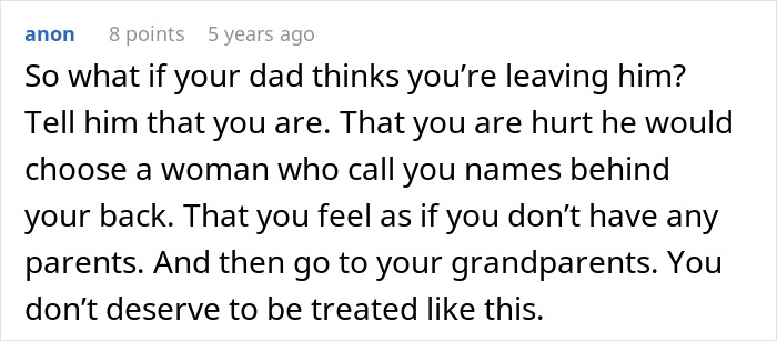 Comment text showing a teen expressing hurt after dad chooses his girlfriend, highlighting family conflict and adoption issues.