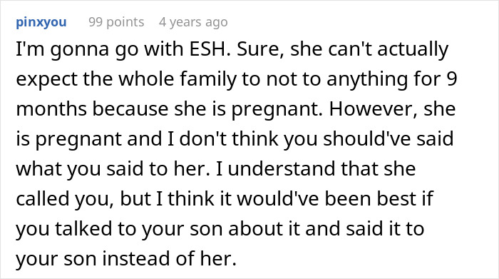 Comment discussing MIL and DIL conflict over pregnancy complaints and family expectations during pregnancy.