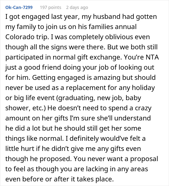 Comment discussing a man thinking a proposal counts as a Christmas gift and receiving a reality check. Comment discussing a man thinking a proposal counts as a Christmas gift and receiving a reality check.