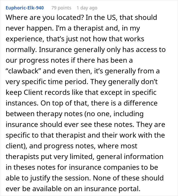 Comment discussing how a woman can never trust mom again after discovering she spied on her therapy sessions and privacy concerns.