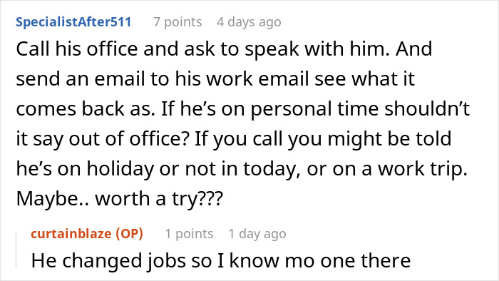 Screenshot of an online discussion about a man’s suspicious work trip causing relationship doubts. Screenshot of an online discussion about a man’s suspicious work trip causing relationship doubts.