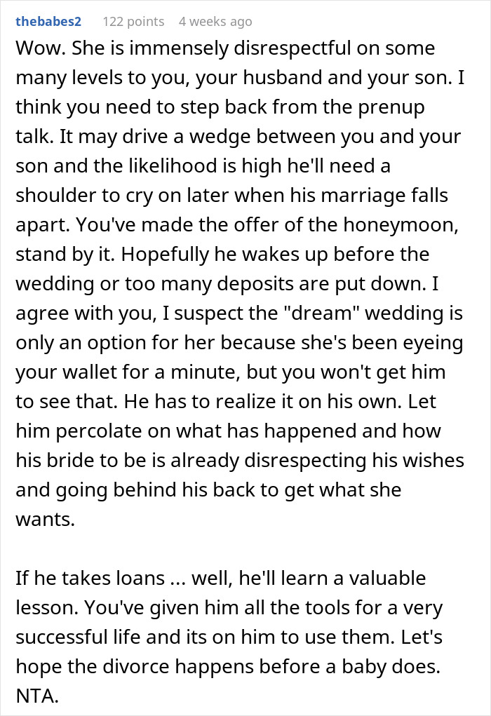 Comment discussing future daughter-in-law demanding an $80,000 wedding and wealthy in-laws requesting a prenup in return. Comment discussing future daughter-in-law demanding an $80,000 wedding and wealthy in-laws requesting a prenup in return.