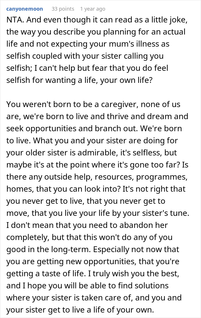 Comment discussing caretaker frustrations and guilt trips after sacrificing career and personal life for caregiving duties. Comment discussing caretaker frustrations and guilt trips after sacrificing career and personal life for caregiving duties.