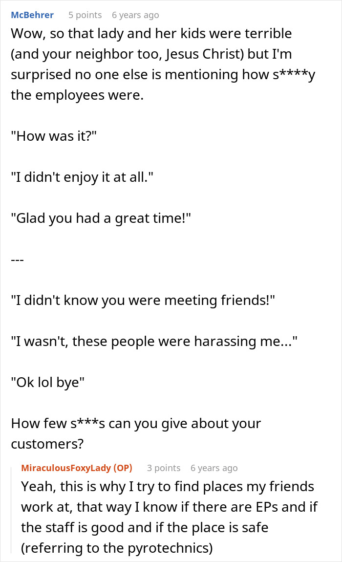 Screenshot of a Reddit conversation discussing entitled parents and poor customer service at a haunted hayride event. Screenshot of a Reddit conversation discussing entitled parents and poor customer service at a haunted hayride event.