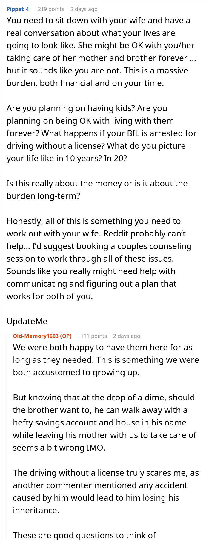 Reddit advice discussing man supporting in-laws and conflict over mother-in-law cutting wife out of will. Reddit advice discussing man supporting in-laws and conflict over mother-in-law cutting wife out of will.