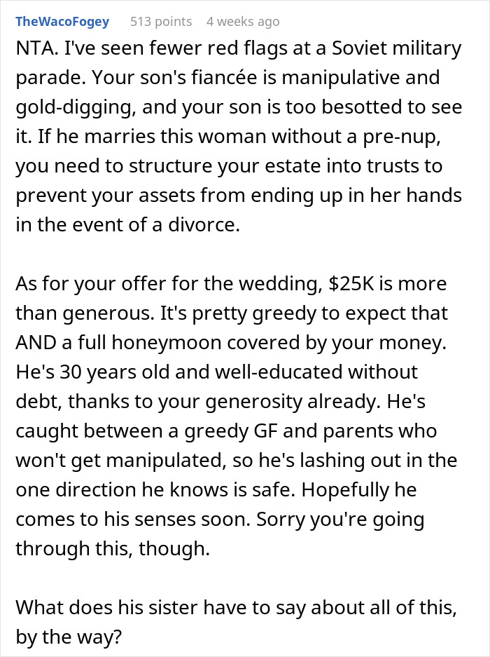 Red flags in future daughter-in-law demanding $80,000 wedding while wealthy in-laws require a prenup for protection. Red flags in future daughter-in-law demanding $80,000 wedding while wealthy in-laws require a prenup for protection.