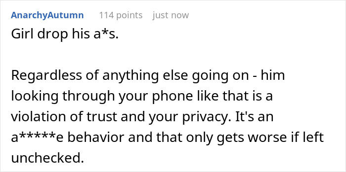 Comment from user AnarchyAutumn discussing trust violation and privacy in relationships, related to boyfriend opens relationship gets no dates.