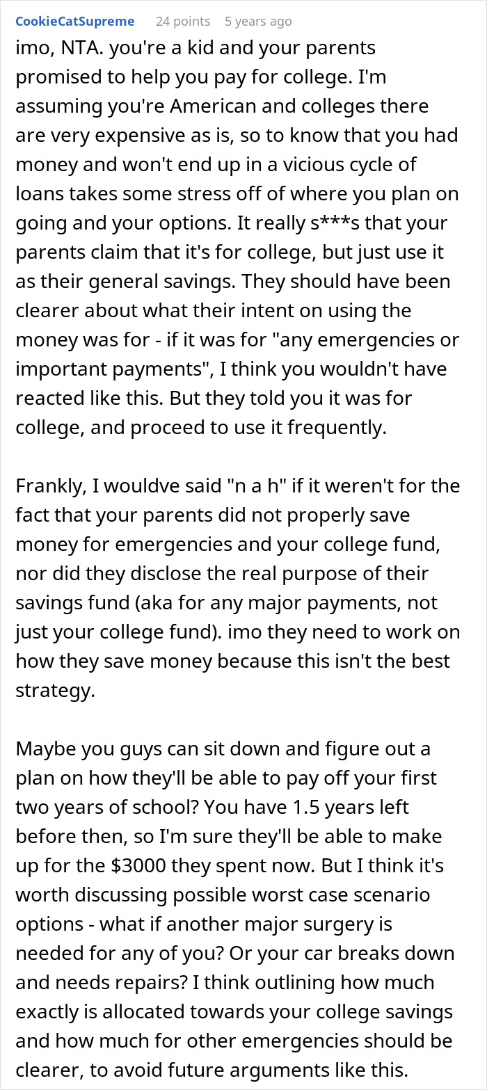 Screenshot of a Reddit comment discussing parents using a teen’s $3k college fund for their cat’s surgery. Screenshot of a Reddit comment discussing parents using a teen’s $3k college fund for their cat’s surgery.