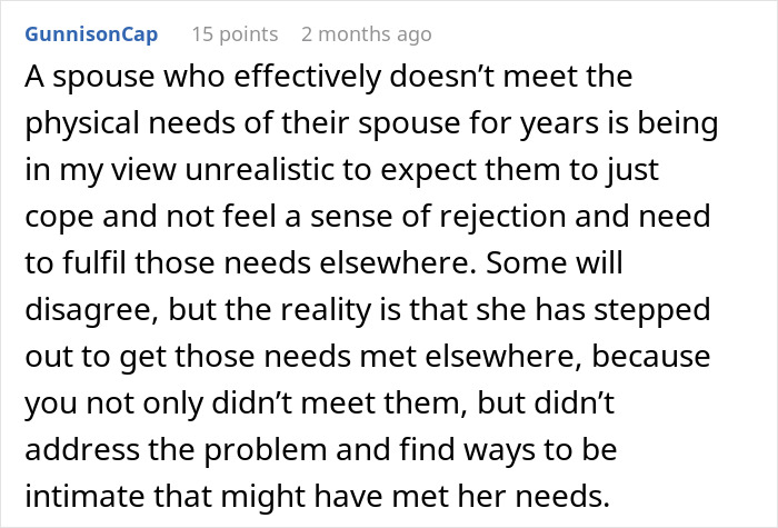 Comment about husband refusing intimacy for years leads wife to find someone younger to meet needs.