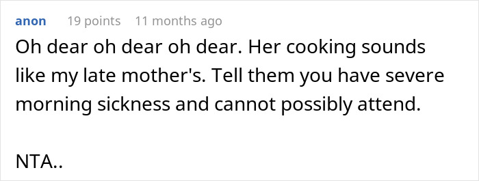 Text comment on a forum about mother-in-law’s hazardous cooking causing a pregnant woman to consider skipping Thanksgiving dinner. Text comment on a forum about mother-in-law’s hazardous cooking causing a pregnant woman to consider skipping Thanksgiving dinner.