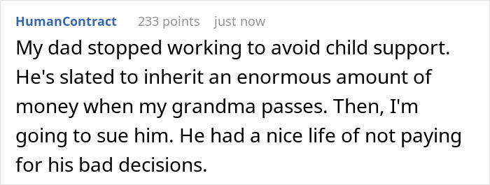 Reddit comment about a toxic guy avoiding child support, impacting his wife and child’s life with delayed karma years later.