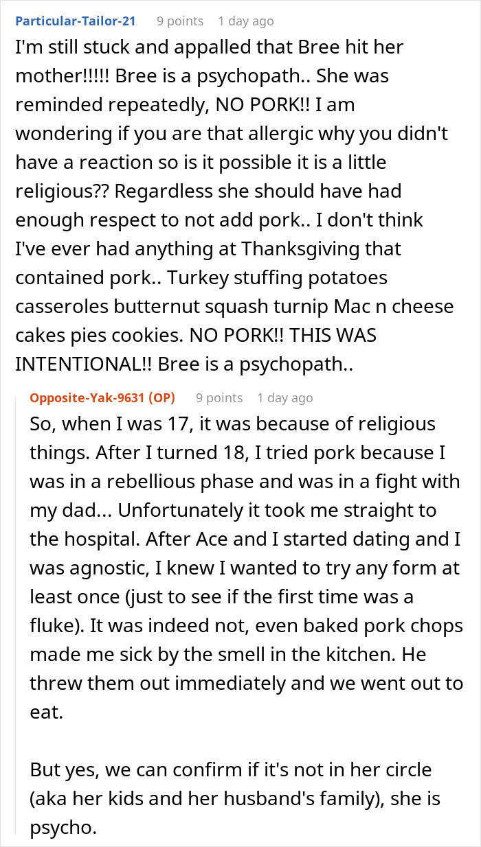 Text conversation discussing a Thanksgiving conflict revealing what sister-in-law thinks about the woman’s family.