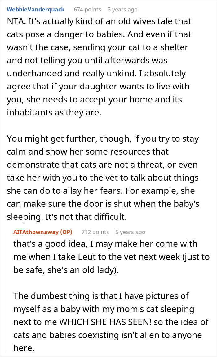 Comment discussion about pregnant daughter putting dad&rsquo;s cat in shelter over baby safety concerns and family conflict.