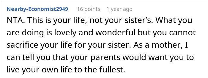 Comment text about caretaker snapping at sister after sacrificing career, feeling frustrated by constant guilt trips. Comment text about caretaker snapping at sister after sacrificing career, feeling frustrated by constant guilt trips.