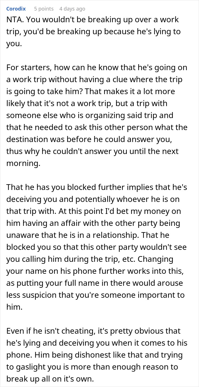 Alt text: Man’s suspicious work trip causes girlfriend to rethink their relationship over possible deception and blocking. Alt text: Man’s suspicious work trip causes girlfriend to rethink their relationship over possible deception and blocking.