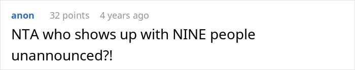 Screenshot of an online comment criticizing a family for surprising a man at 1 A.M. and getting kicked out instead.