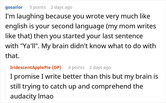 Online discussion about sister wedding money culture with users commenting on language and communication style.