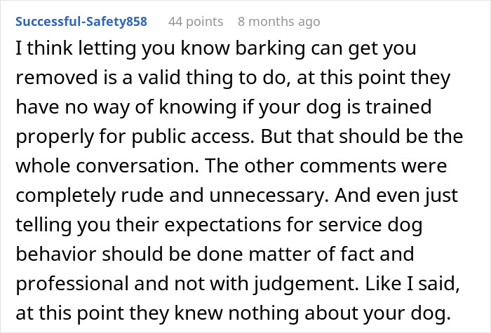 Reddit comment discussing Disneyland security questions about a disabled woman bringing a service dog and service dog behavior expectations. Reddit comment discussing Disneyland security questions about a disabled woman bringing a service dog and service dog behavior expectations.