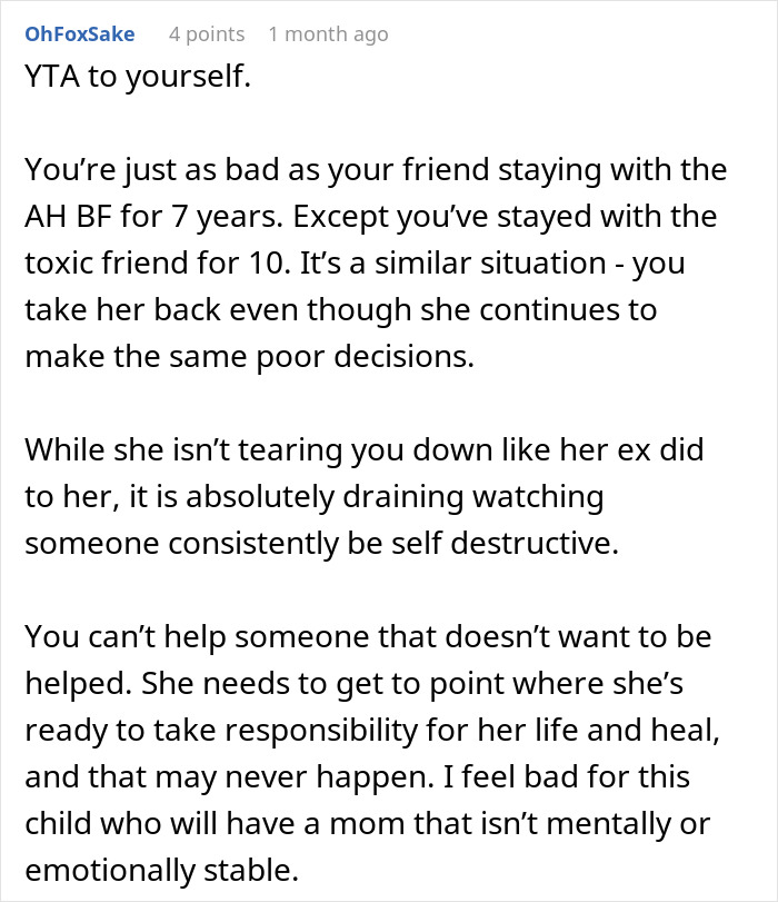 Comment discussing an irresponsible friend making bad decisions and the emotional toll on a concerned bestie.