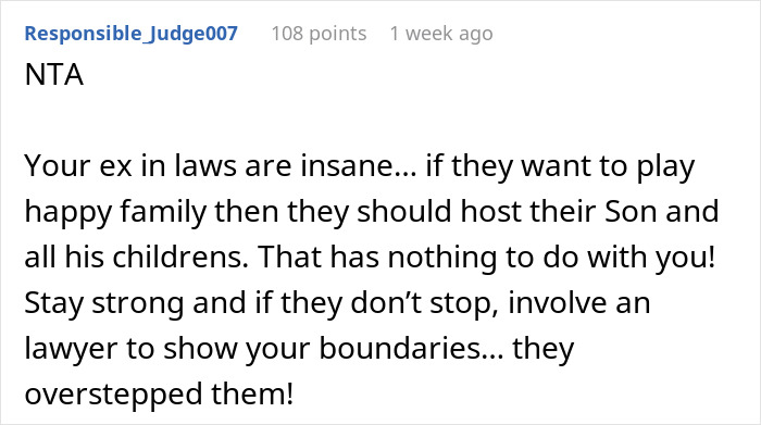 Screenshot of a discussion about in-laws furious after woman refuses to host a blended family Christmas with ex’s affair kids. Screenshot of a discussion about in-laws furious after woman refuses to host a blended family Christmas with ex’s affair kids.
