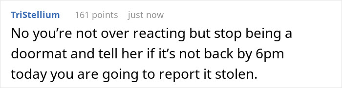 Screenshot of a social media comment advising to report a borrowed car as stolen if not returned on time.