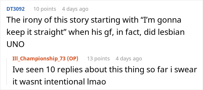 Online conversation about a girlfriend kissing another woman in front of friends and reactions from her boyfriend. Online conversation about a girlfriend kissing another woman in front of friends and reactions from her boyfriend.