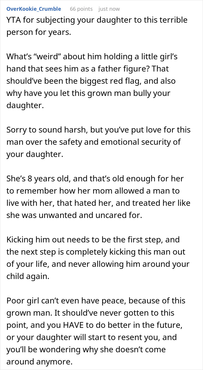 Reddit comment discussing a boyfriend’s harmful behavior toward daughter in a boyfriend daughter snitch drama situation.
