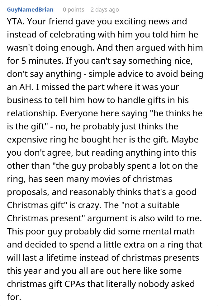 Alt text: Reddit comment discussing a man who thinks his proposal counts as a Christmas gift and receives a reality check. Alt text: Reddit comment discussing a man who thinks his proposal counts as a Christmas gift and receives a reality check.
