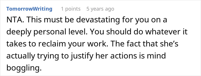 Screenshot of a comment discussing a woman stealing her sister-in-law’s book and losing all the profits she made.