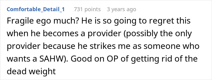Text comment on online forum, discussing fragile ego and supporting woman leaving US to start new life in France due to partner's inability to handle success. Text comment on online forum, discussing fragile ego and supporting woman leaving US to start new life in France due to partner's inability to handle success.