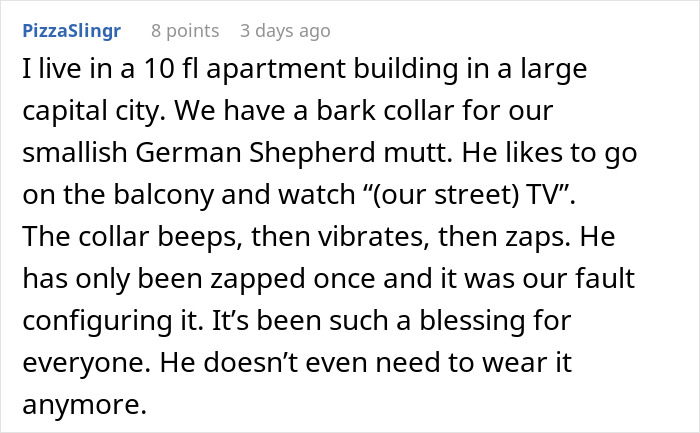Reddit user describes using a bark collar on their dog to keep neighbors from complaining about noisy dogs. Reddit user describes using a bark collar on their dog to keep neighbors from complaining about noisy dogs.