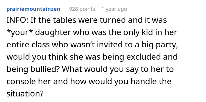 Screenshot of a Reddit post discussing a 13-year-old refusing to invite one girl from school and the controversy around the mom’s support. Screenshot of a Reddit post discussing a 13-year-old refusing to invite one girl from school and the controversy around the mom’s support.