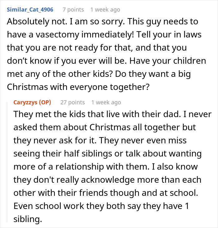 Screenshot of an online discussion about in-laws furious over refusing to host a blended family Christmas with ex's affair kids. Screenshot of an online discussion about in-laws furious over refusing to host a blended family Christmas with ex's affair kids.